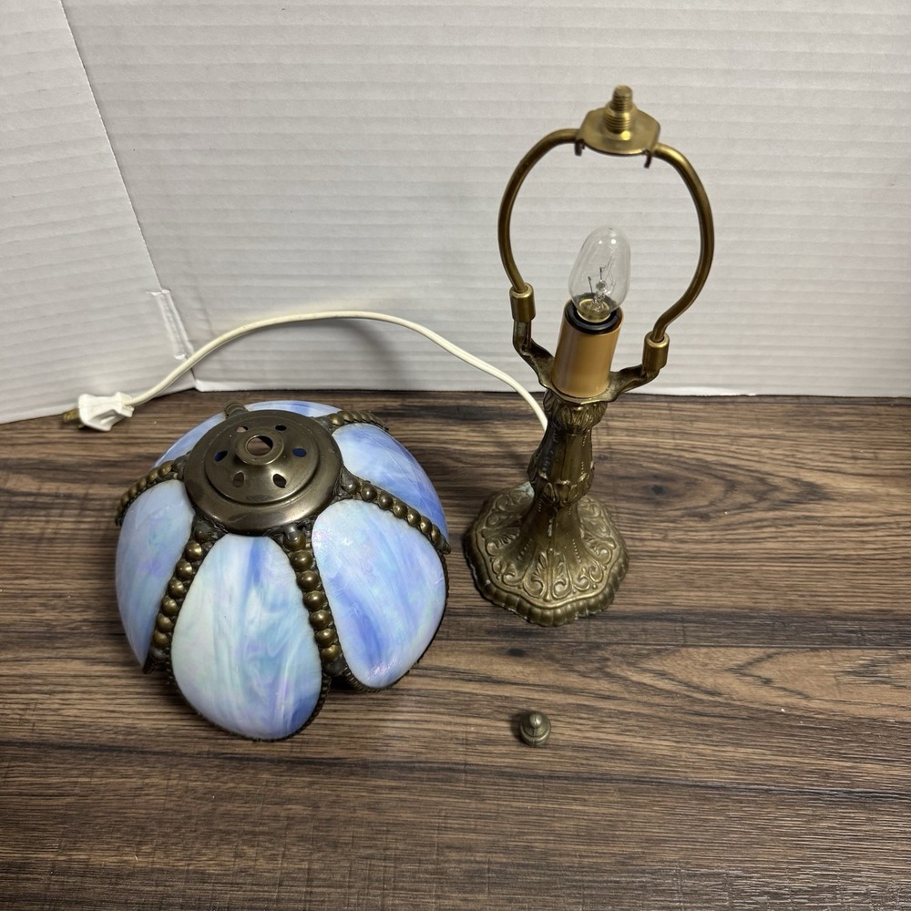 Vintage Meyda Tiffany Lighting 11.5" H Petal Bud Mini Lamp Blue Opal Brass - Picture 9 of 12